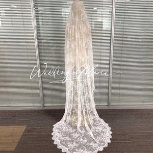 Full Lace Mantilla Veil With Hair Clips, Vintage Veil, Chapel Length Bridal Veil, Delicate Floral Lace Veil, Custom Length Veil