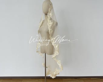 Velo de novia tipo mantilla color champán: velo nupcial hecho a mano con horquillas para el cabello.