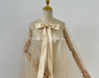 Champagne Glitter Tulle Bridal Cape: Handmade Wedding Veil