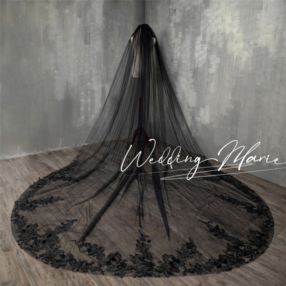 Black Tulle Wedding Veil With Black Lace Flowers for Black Etsy