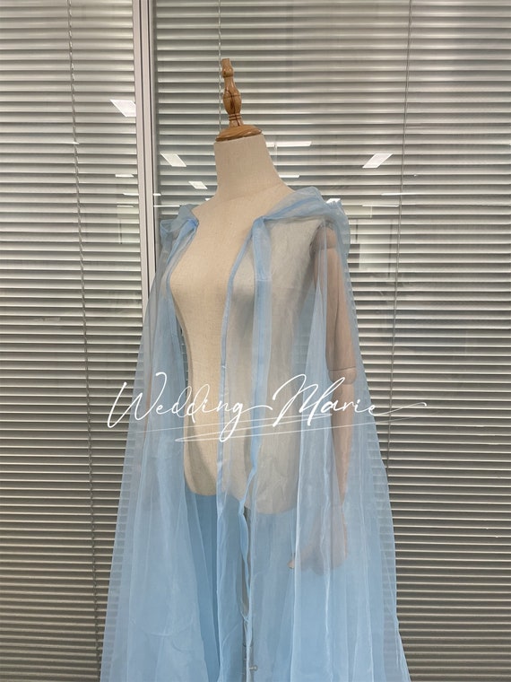 Light Blue Organza Hooded Cape: Fairy Bridal Wedding Dress Cape