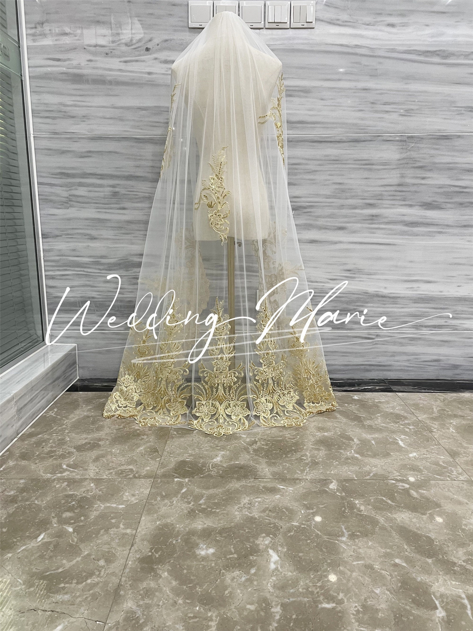 Little Luxuries Designs Champagne Cathedral Single Tier Wedding Veil with Sequined Lace and Eyelash Edge