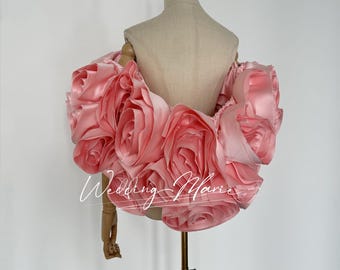 3D Flower Shawl: Pink Satin Elegant Wrap