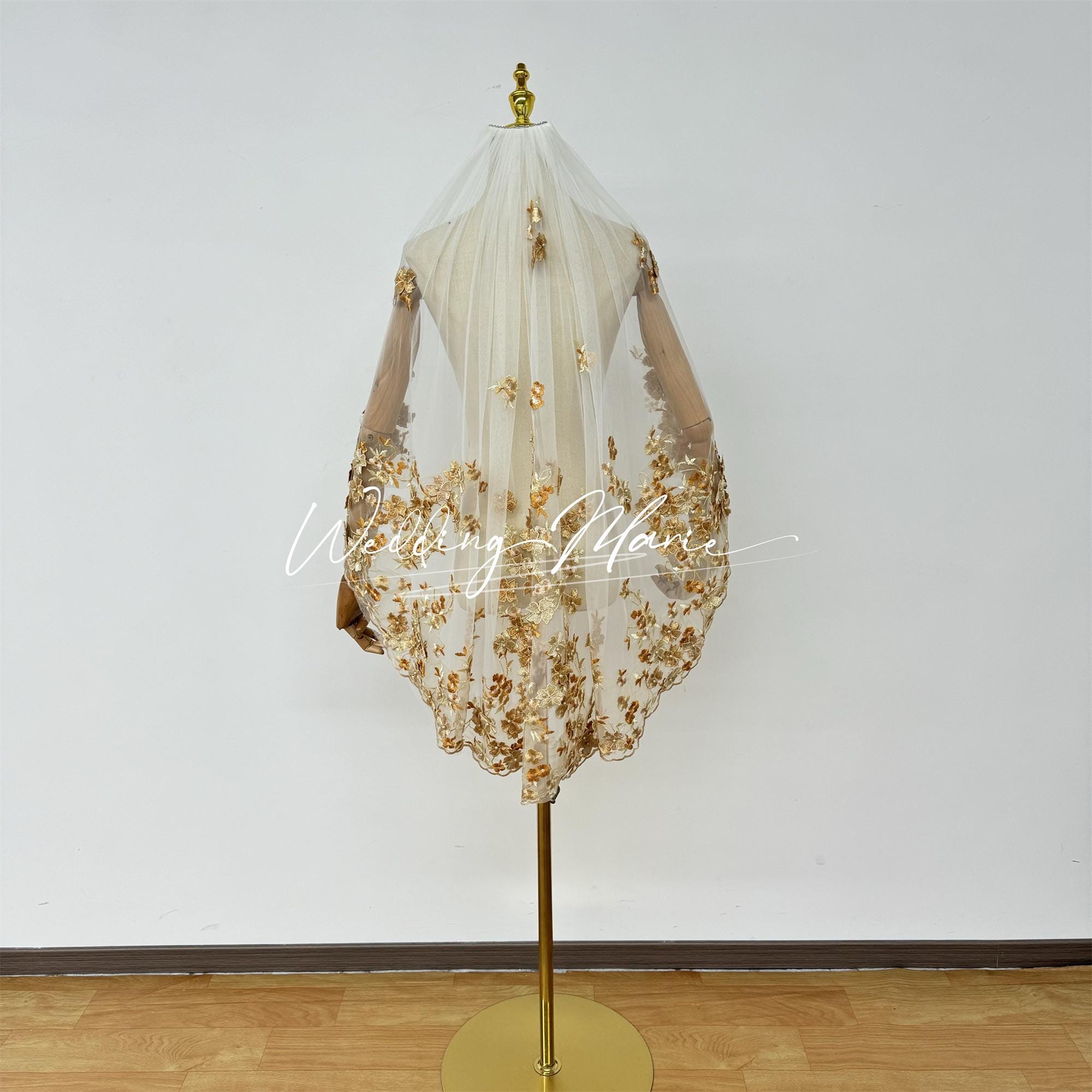 3D Floral Applique Wedding Veil: Beaded Fingertip Veil