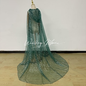 Dark Green Glitter Tulle Cape, Shimmer Hooded Cape, Ethereal Cape, Star Glitter Tulle Cape