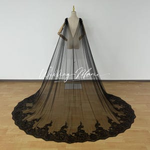 Black Wedding Cape, V-back Cape Veil, Shimmer Appliques Bridal Cape, Cathedral Length Cape