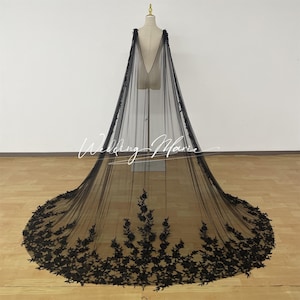 Black Wedding Cape Veil, Black Floral Lace Cape, V-back Cape Veil, Unique Flower Cape, Support Custom