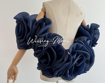 3D Navy Blue Organza Flower Shawl: Off-the-Shoulder Wrap