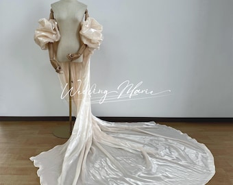 Champagne Glamour Cape-Shiny Puff Sleeves,Cascading Back Design And Flowing Train For Showstopping Elegance