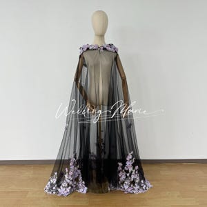 Black Wedding Cape with Purple Floral Appliques - Hooded Bridal Veil