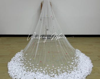 Handmade Butterfly Wedding Veil: Colorful Floral Bridal Veil, Two Tier Blusher