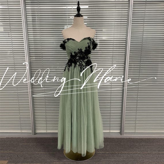 dark sage green prom dress Tulle Dress: Strapless Off-shoulder Gown With Black Appliques beadings prom dress