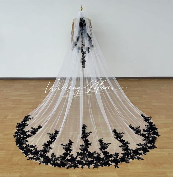 Velo da sposa floreale nero, velo da sposa in pizzo, velo unico