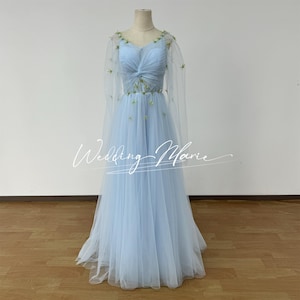 Light Blue Prom Dress, Fairy Gown For Women, Graduation Dress, Flowing Sleeves Dress, Support Custom