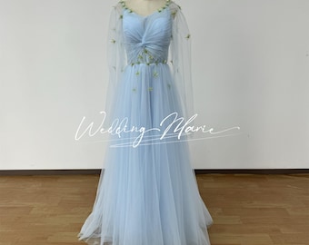 Light Blue Tulle Prom Dress: Fairy Gown with Flowing Sleeves