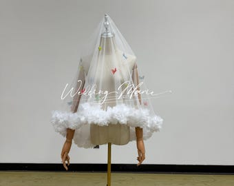 Handmade 3D Flower Trim Bridal Veil with Butterflies, Two Tier Blusher, Customizable