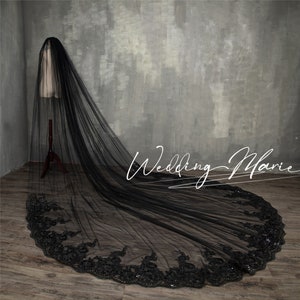Black Long Veil 3.5 Meters Sequins Lace Wedding Veil Tulle Cathedral Veil Bridal Accessories Veils