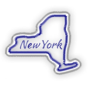 May include: An embroidered patch in the shape of New York state, with the word "New York" stitched inside. The patch is outlined in blue and gray, with the text "Upward Way Embroidery" and size options from 2 to 10 inches.
