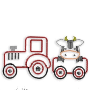 May include: Red tractor with a black and white cow in the back. The tractor has a black grill and black wheels. The cow has black spots and a green nose. The image includes the text "Upward Way Embroidery" and "5 sizes! 3", 4", 5", 7", 8" - PES - PEC - DST - EXP - SVG - PDF - VP3 - JEF - U01 - TXT".