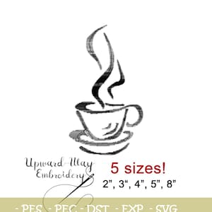 May include: Black and white embroidery design of a steaming cup of coffee. The design is available in five sizes: 2, 3, 4, 5, and 8 inches. The design is available in the following formats: PES, PEC, DST, EXP, SVG, PDF, VP3, JEF, 001, and TXT.