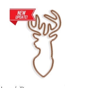 Puede incluir: Un contorno marrón de una cabeza de reno con cuernos. La imagen incluye el texto "NEW UPDATE!" y "7 tamaños! 2", 3", 4", 5", 6", 7", 8" - PES - PEC - DST - EXP - SVG - PDF - VP3 - JEF - U01 - TXT"