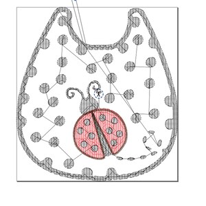 May include: A black and white outline of a bib with a red and black ladybug design. The ladybug has a black head and antennae, and its wings are dotted with white circles.