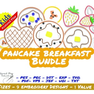 9 Pancake Breakfast Applique Bundle Embroidery Value Pack, kids food pretend play