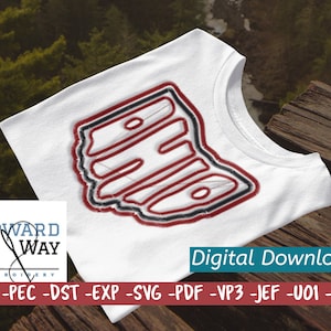 May include: A white t-shirt with a red and black outline of the state of Ohio. The text "Digital Download" is below the image. The text "PES-PEC-DST-EXP -SVG -PDF -VP3-JEF -U01-TXT" is below the text "Digital Download".