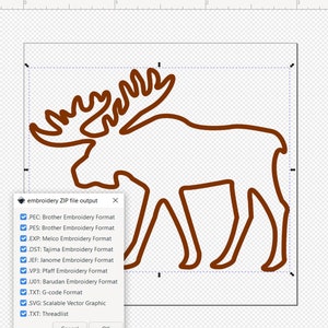 May include: A brown outline of a moose with large antlers. A pop-up window displays "embroidery ZIP file output" and lists various embroidery formats, including PEC, PES, EXP, DST, JEF, VP3, U01, TXT, SVG, and TXT.
