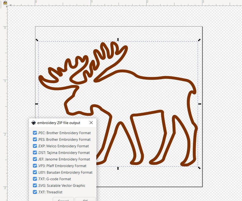 May include: A brown outline of a moose with large antlers. A pop-up window displays "embroidery ZIP file output" and lists various embroidery formats, including PEC, PES, EXP, DST, JEF, VP3, U01, TXT, SVG, and TXT.