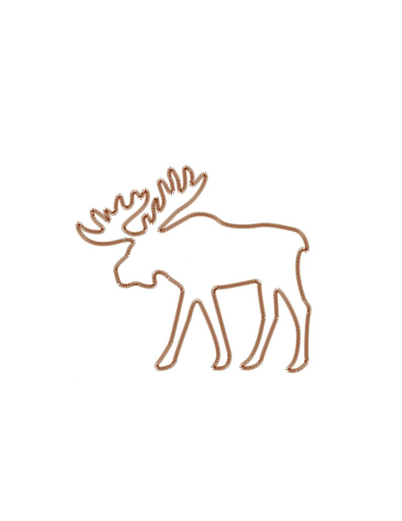 May include: A brown embroidered outline of a moose on a white background. The moose is depicted in profile, with detailed antlers and legs. The embroidery gives a textured, handcrafted appearance.