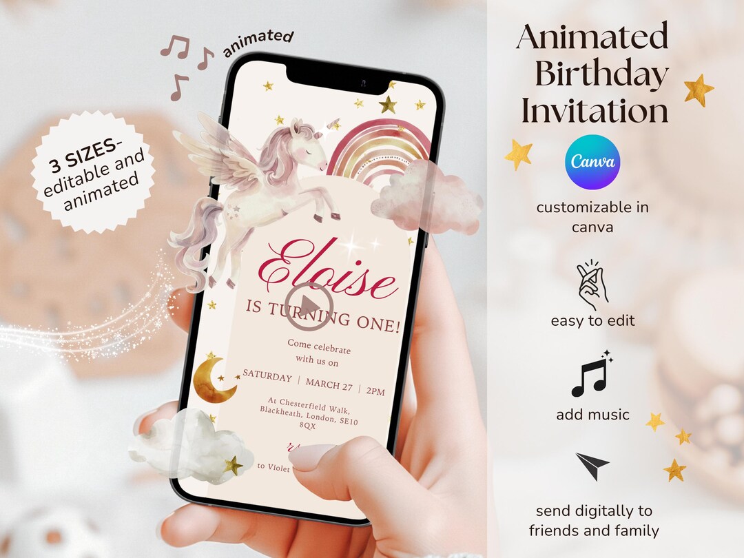 Unicorn Animated Birthday Invitation Video, Canva Editable Invite ...