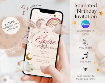 Unicorn Animated Birthday Invitation Video, Canva Editable Invite Template, Kids Party Digital Invite