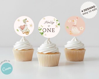 Silly Goose Cupcake Topper Template, Cottagecore Goose Party Decorations, Storybook Birthday Cupcake Toppers, Editable Canva 2 Inch Circles