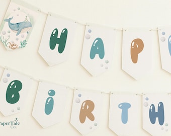Ocean Birthday Banner Printable, Under The Sea Party Bunting, O-Fish-Ally Three Birthday Decor Boys