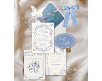 Blue Heirloom Wedding Invitation Suite, Editable Jane Austen Regency Wedding Invite, Vintage Blue Toile Template