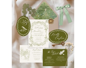 English Garden Wedding Invitation Suite, Botanical Heirloom Wedding Template, Editable Canva Invitation Set, Vintage Wedding Invite