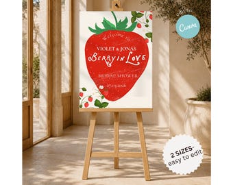 Modello di cartello di benvenuto per addio al nubilato "Berry in Love", decorazioni per addio al nubilato con fragole, cartello di benvenuto modificabile su Canva, decorazioni dolci a tema frutti di bosco