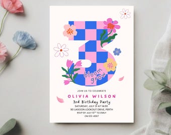 Mall för födelsedagsinbjudningar med tre i blom, 3-årsfödelsedagsflicka, vårblommig födelsedagsfest, redigerbar canvas-inbjudan, modern sifferfödelsedag