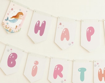 Oneder The Sea Birthday Banner Template, Mermaid Birthday Bunting Flags, Under The Sea Party Decor, Editable Ocean Birthday Banner