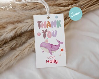 Whimsical Under the Sea Thank You Tags Editable in Canva, Pastel Ocean Birthday Favor Tags, Cute Whale Party Printable