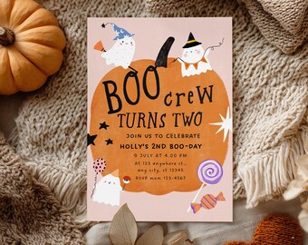 Boo Crew 2nd Boo Day Invitation, Editable Halloween 2nd Birthday Invite, Cute Ghost Party Canva Template, Spooky Birthday