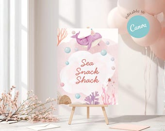 Under the Sea Custom Signs Template Editable in Canva, Ocean Birthday Custom Sign Printable, Whale Mermaid Sea Decor