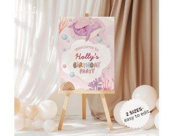 Whimsical Under the Sea Welcome Sign Template Editable in Canva, Cute Ocean Birthday Party Decor, Pastel Whale Party Sign