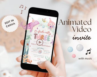 O-Fishally Three Animated Invitation, Editable Canva Video Invite, Under the Sea 3rd Birthday Party Template