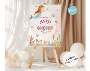 Editable Mermaid Welcome Sign Template, Custom Mermaid Character, Under The Sea Birthday Party Decor, Pastel Ocean Birthday Sign for Girls