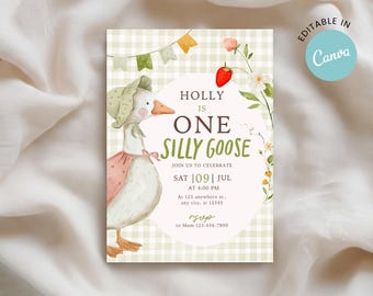 One Silly Goose 1st Birthday Invitation, Cottagecore Party Invite (Editable Canva Template)