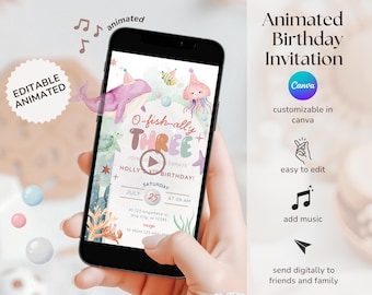 O-Fishally Three Animated Invitation, Editable Canva Video Invite, Under the Sea 3rd Birthday Party Template