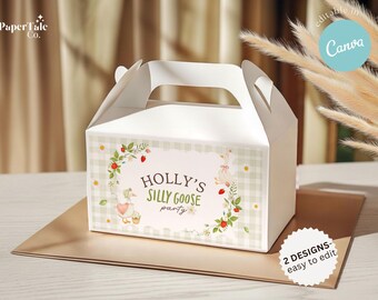 Silly Goose Favor Box Label, Editable Goose Party Box Label, Cottagecore Storybook Birthday Favor Box Printable, Canva Template