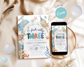 Ofishally Three Birthday Invitation Template, Editable Fish Birthday Party Invite for Boy, Coastal Ocean 3rd Birthday Invitation